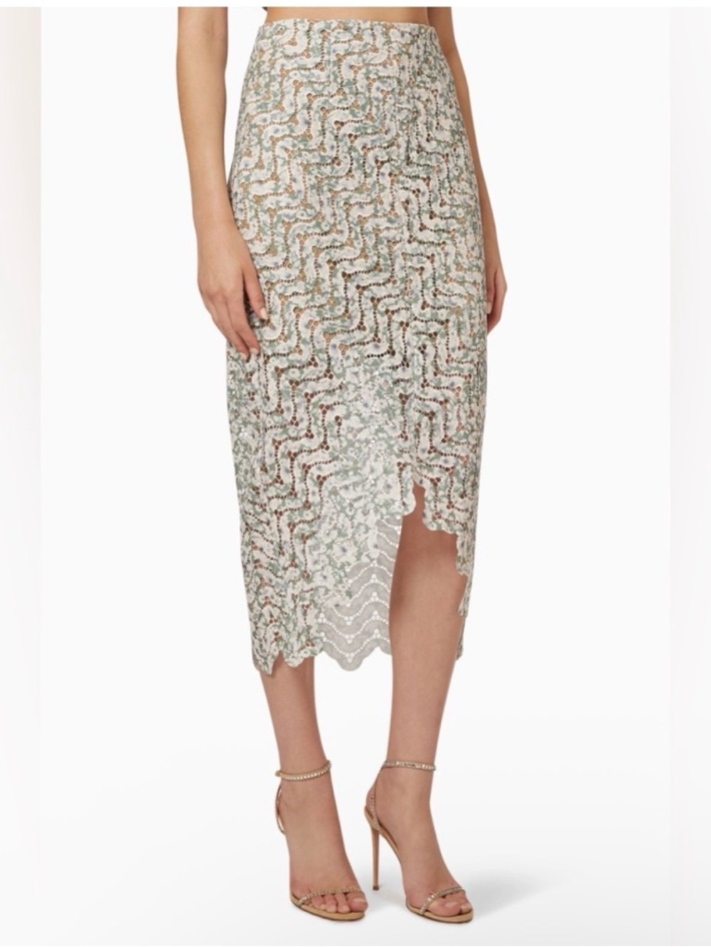 ELLIATT DAMIRA LIKE NEW EMBROIDERED CREAM/OLIVE HIGH-LOW MIDI SKIRT SIZE L